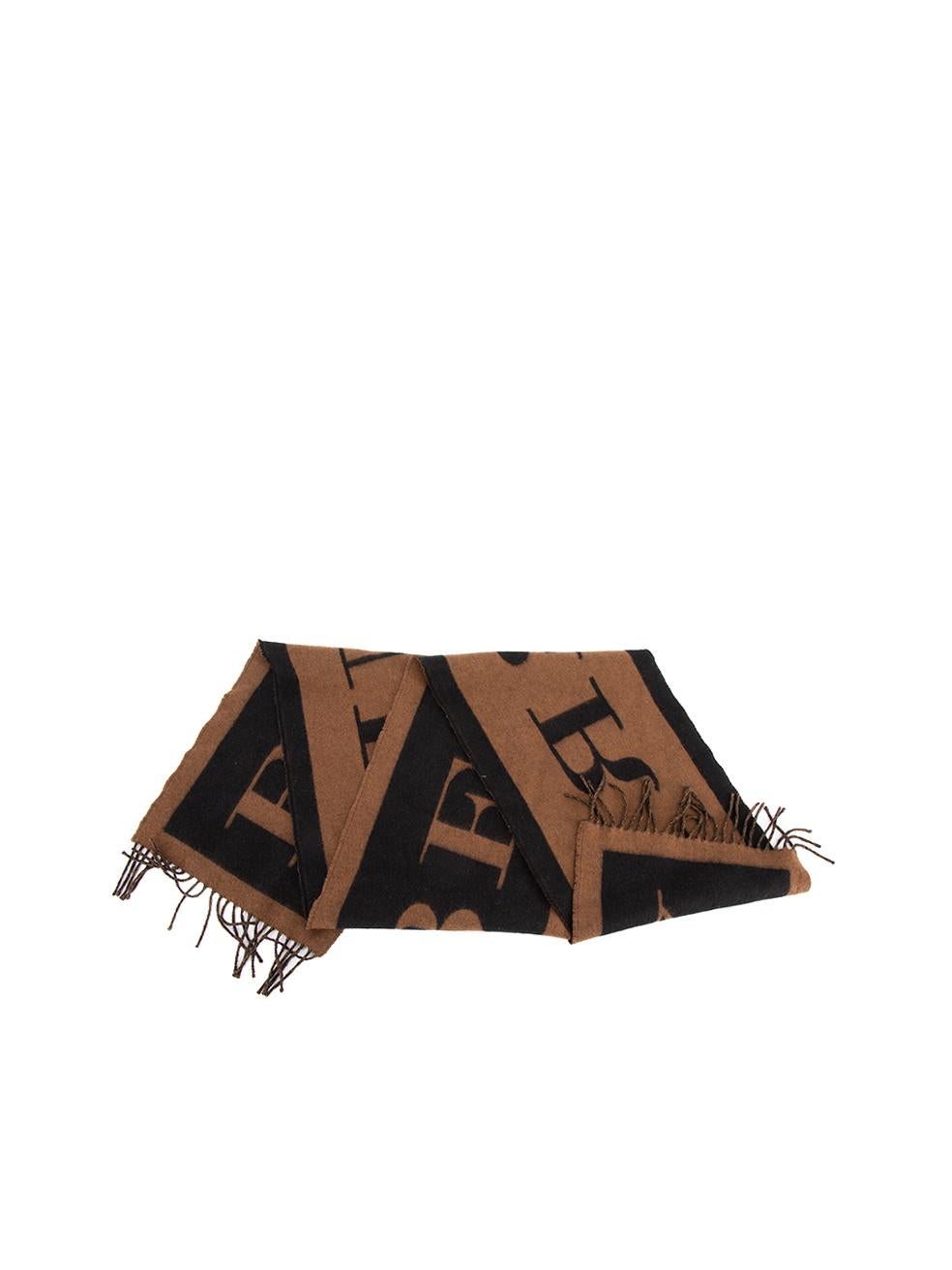 CONDITION is Very good. Hardly any visible wear to scarf is evident on this used Burberry designer resale item. 
 
 Details
  Brown and black
 Cashmere
  Scarf
 Logo printed design
 Tassel finishing
 
 
 Made in UK
 
 Composition
 65% Cashmere and