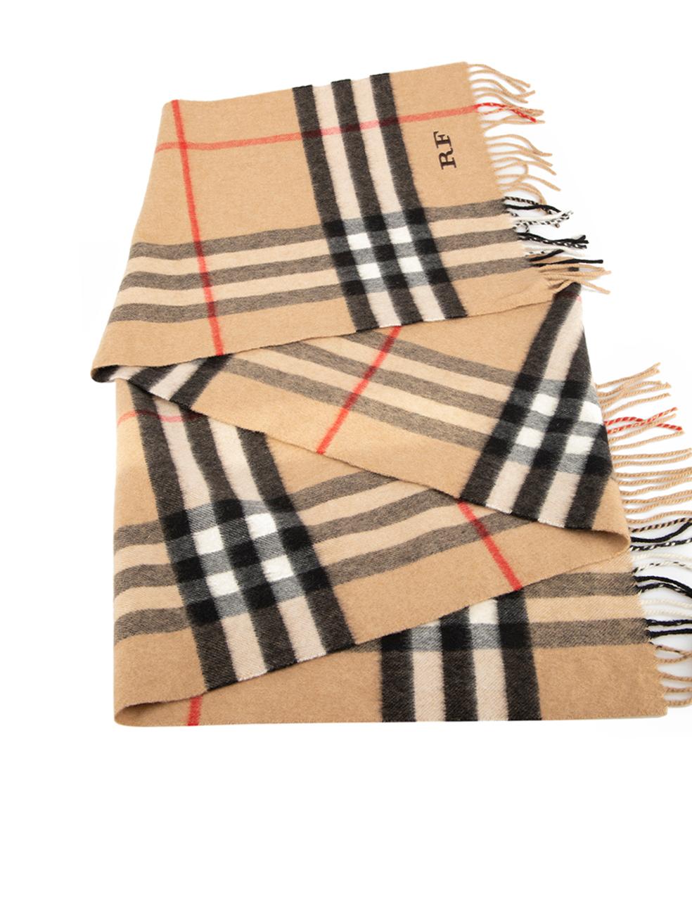 CONDITION is Very good. Hardly any visible wear to scarf is evident on this used Burberry designer resale item. 
 
 Details
  Brown
 Cashmere
 Scarf
 Signature Burberry nova check pattern
 Fringing hemline
 RF initialised embroidery
 
 
 Made in
