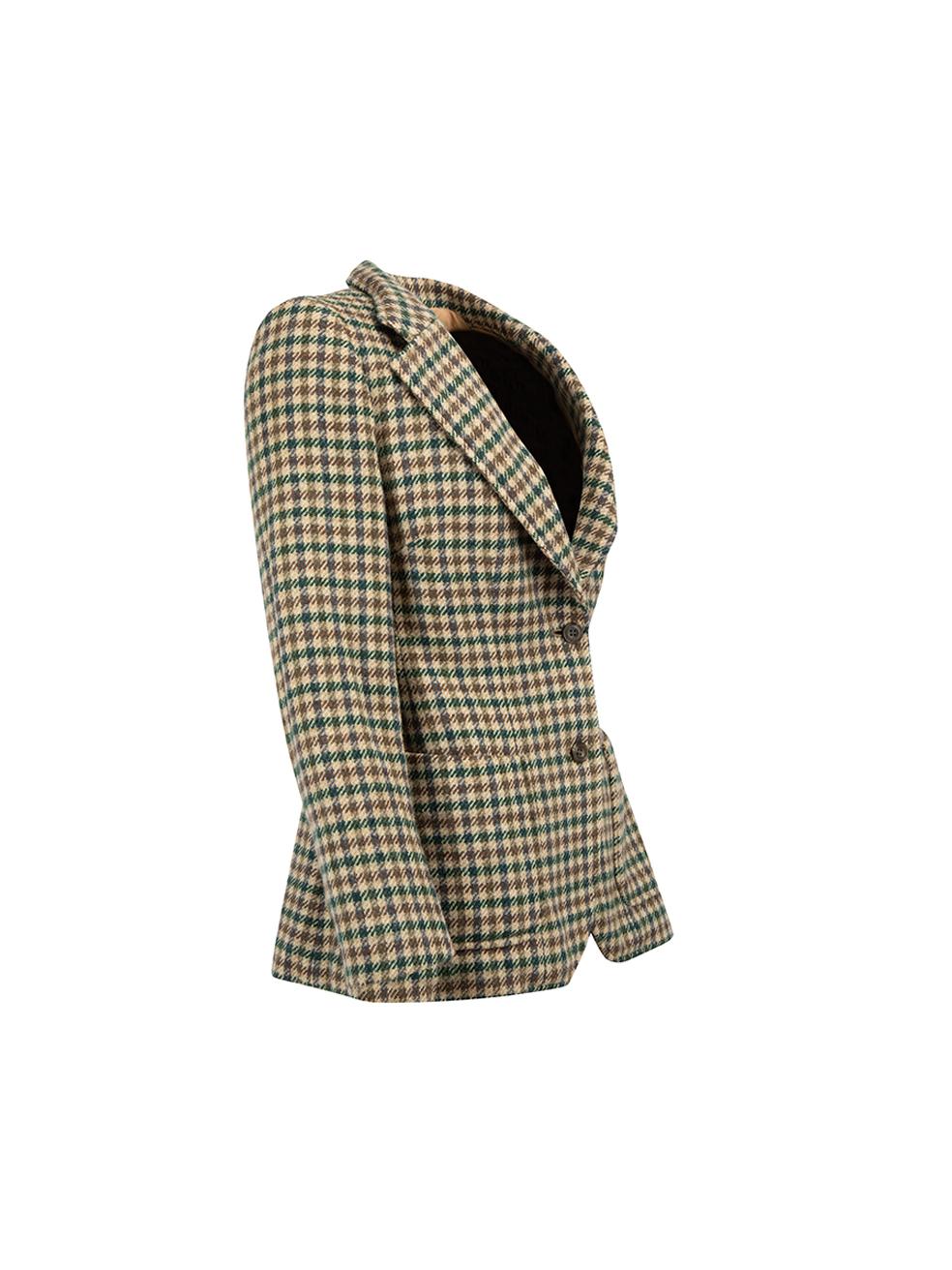 CONDITION is Good. Minimal wear to blazer is evident. Minimal wear to the tweed weave on the left-front side where the wool has a small pull, the seam of the right-sleeve lining has unravelled slightly, and the lining at the back vent seam join has