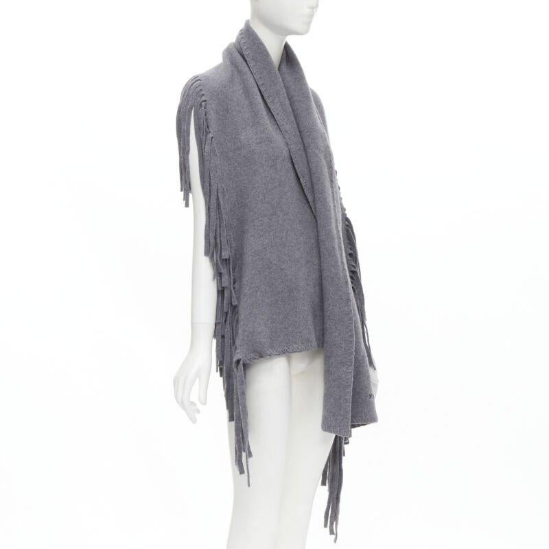 Gray BURBERRY wool cashmere grey solid felted fringe knitted overstitching scarf