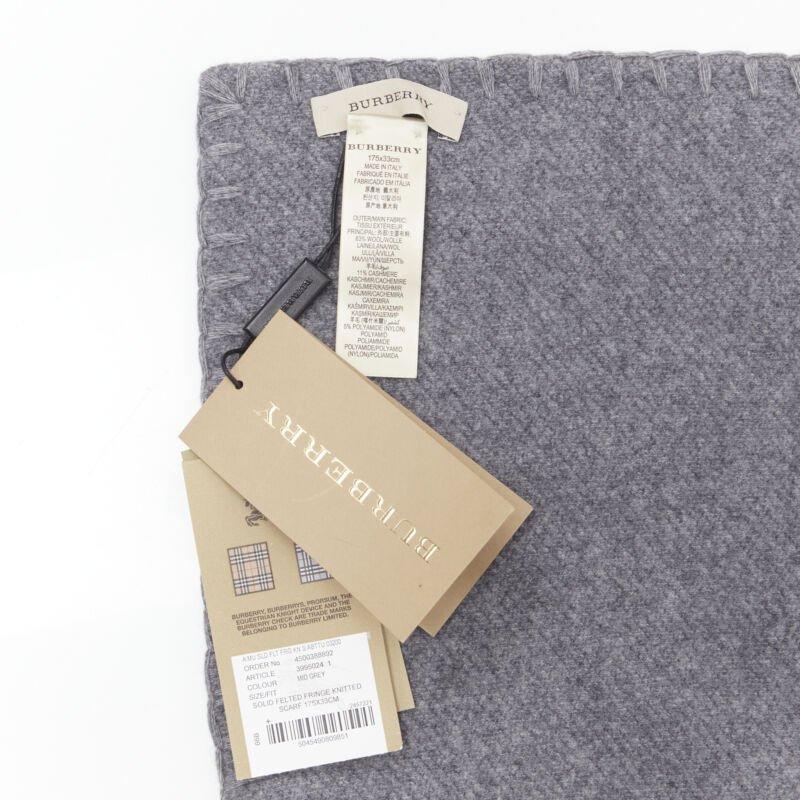 BURBERRY wool cashmere grey solid felted fringe knitted overstitching scarf 4