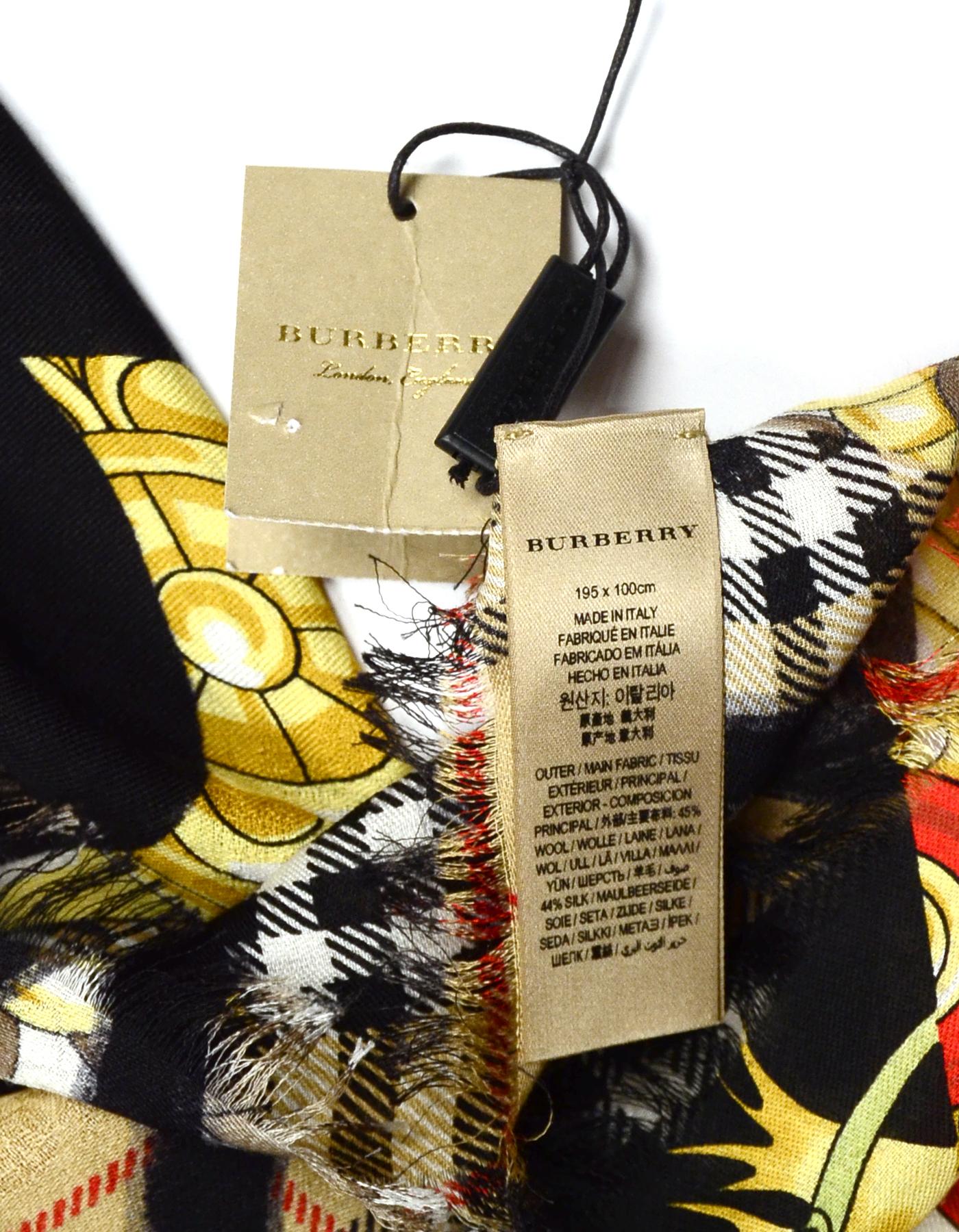 Black Burberry Wool/Silk/Cashmere Nautical Plaid Graffiti XL Scarf/Shawl