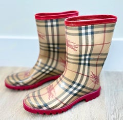 Burberry Y2K Size 37 Vintage Nova Check Plaid Rain Boots Red Trim Rubber Wellies