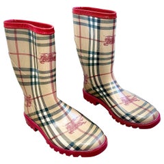 Burberry Y2K Size 37 Vintage Nova Check Plaid Rain Boots Red Trim Rubber Wellies