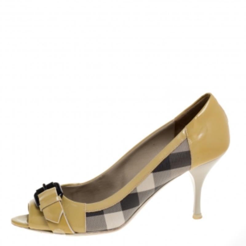 Women's Burberry Yellow/Beige Check PVC and Patent Leather Buckle Peep Toe Pumps Size 38 For Sale