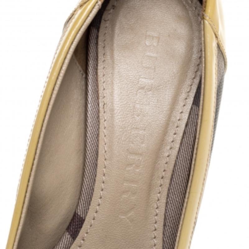 Burberry Yellow/Beige Check PVC and Patent Leather Buckle Peep Toe Pumps Size 38 For Sale 1