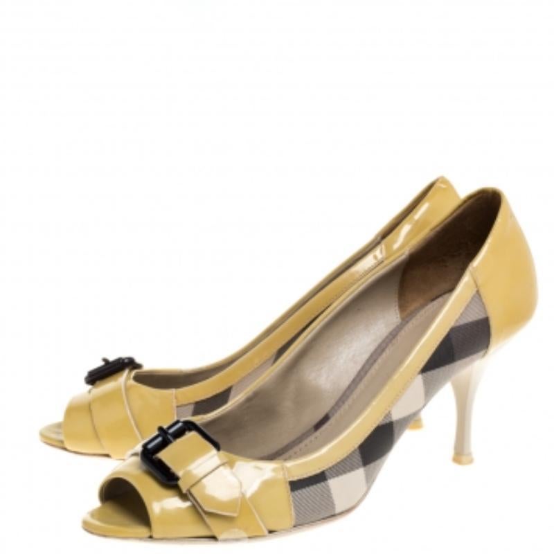 Burberry Yellow/Beige Check PVC and Patent Leather Buckle Peep Toe Pumps Size 38 For Sale 2