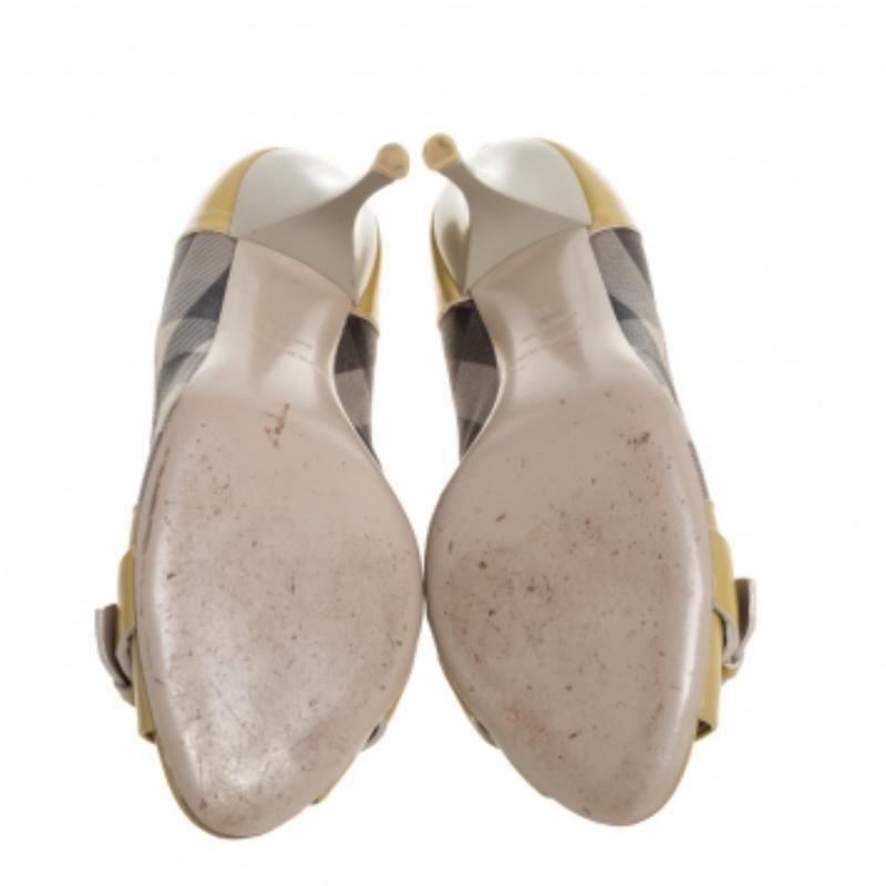 Burberry Yellow/Beige Check PVC and Patent Leather Buckle Peep Toe Pumps Size 38 For Sale 3