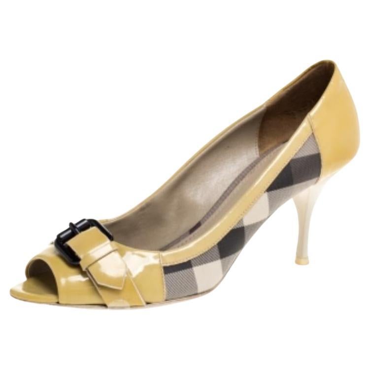 Burberry Yellow/Beige Check PVC and Patent Leather Buckle Peep Toe Pumps Size 38 For Sale