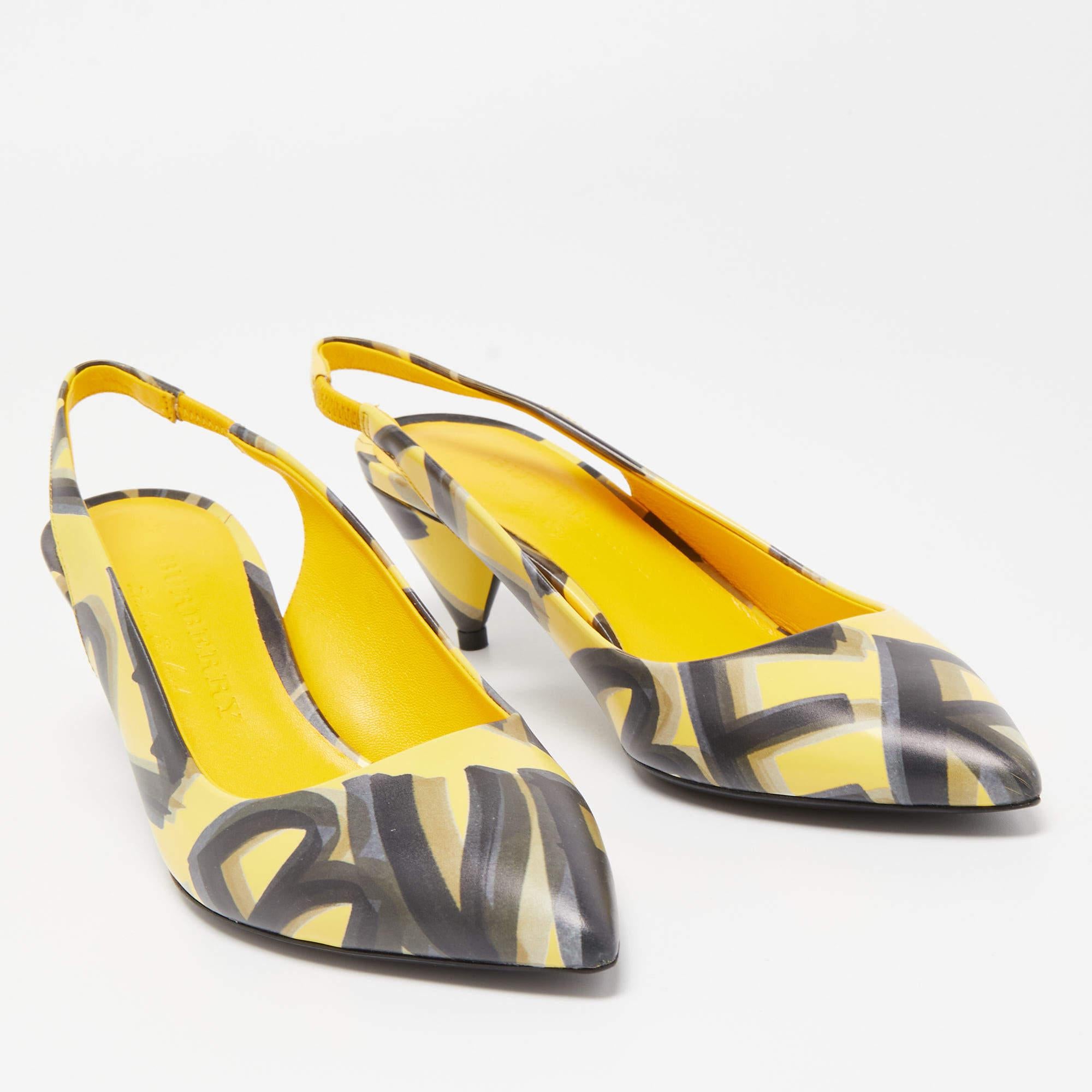 Beige Burberry Yellow/Black Printed Leather Morson Slingback Pumps Size 36.5