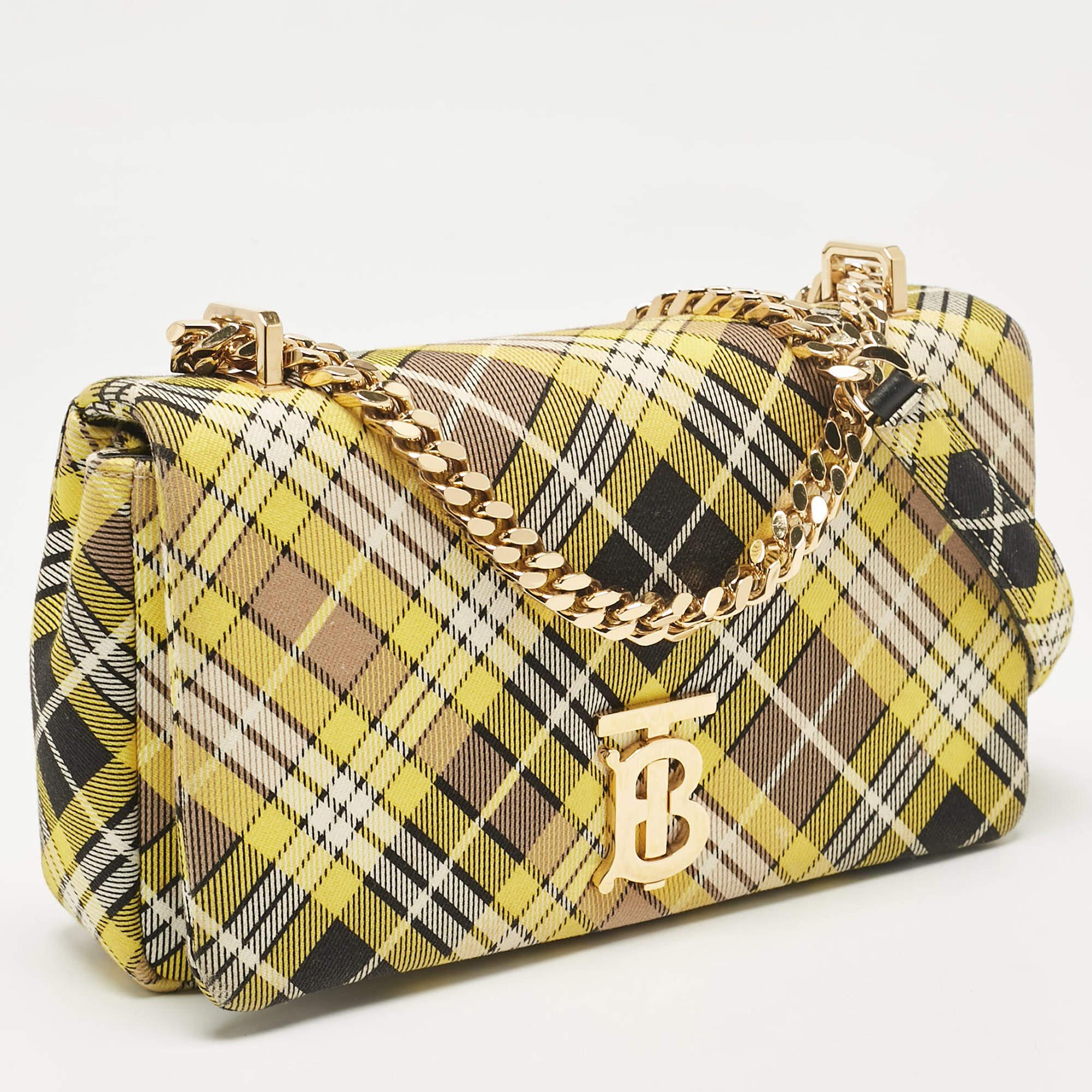 Beige Burberry Yellow Check Canvas Small Lola Chain Shoulder Bag