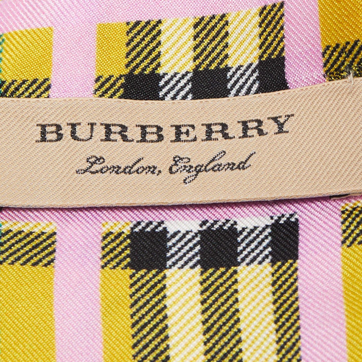 Burberry Yellow Scribble & Check Printed Silk Twilly In Excellent Condition In Dubai, Al Qouz 2