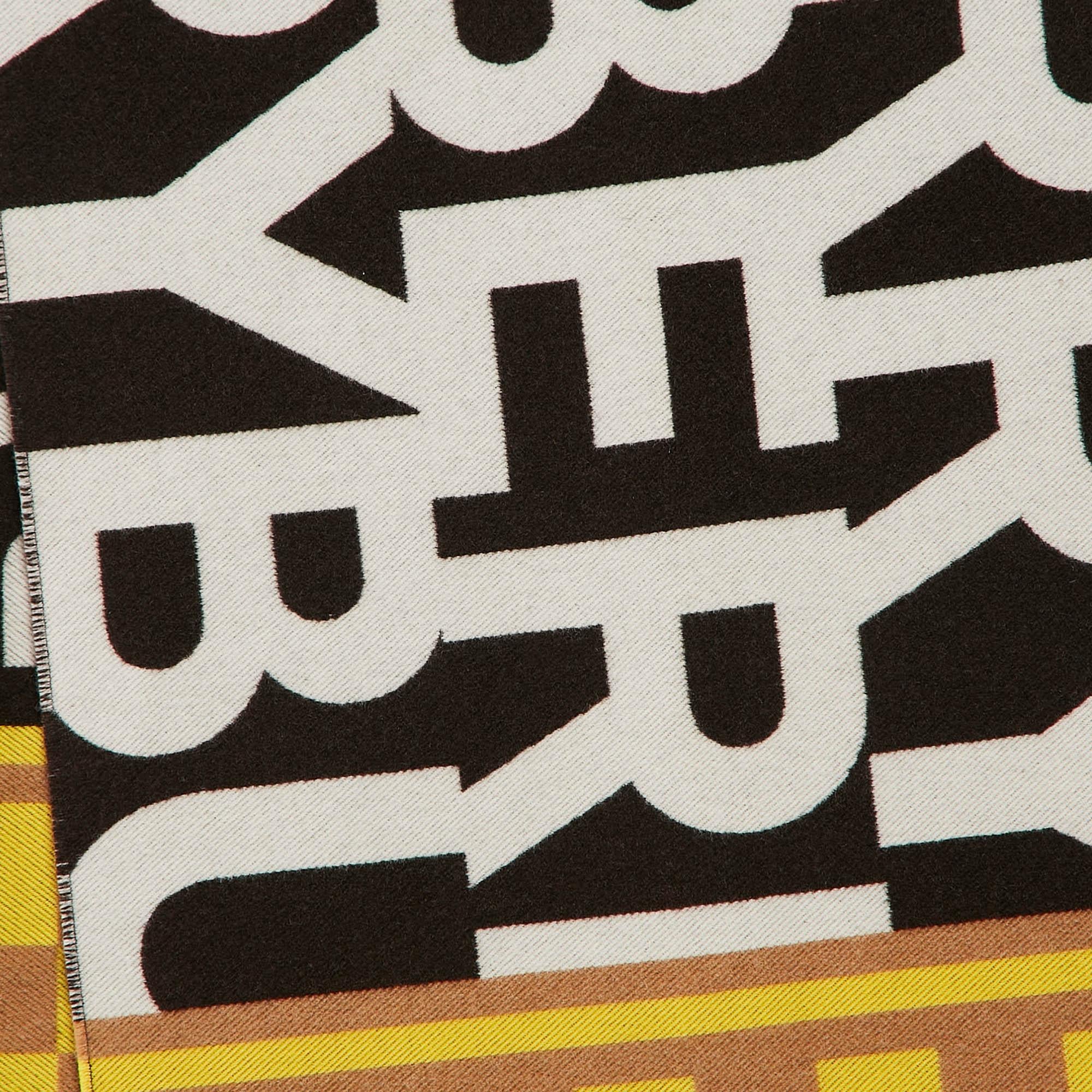 Beige Burberry Yellow Text Checkboard Cashmere Blend Football Scarf For Sale
