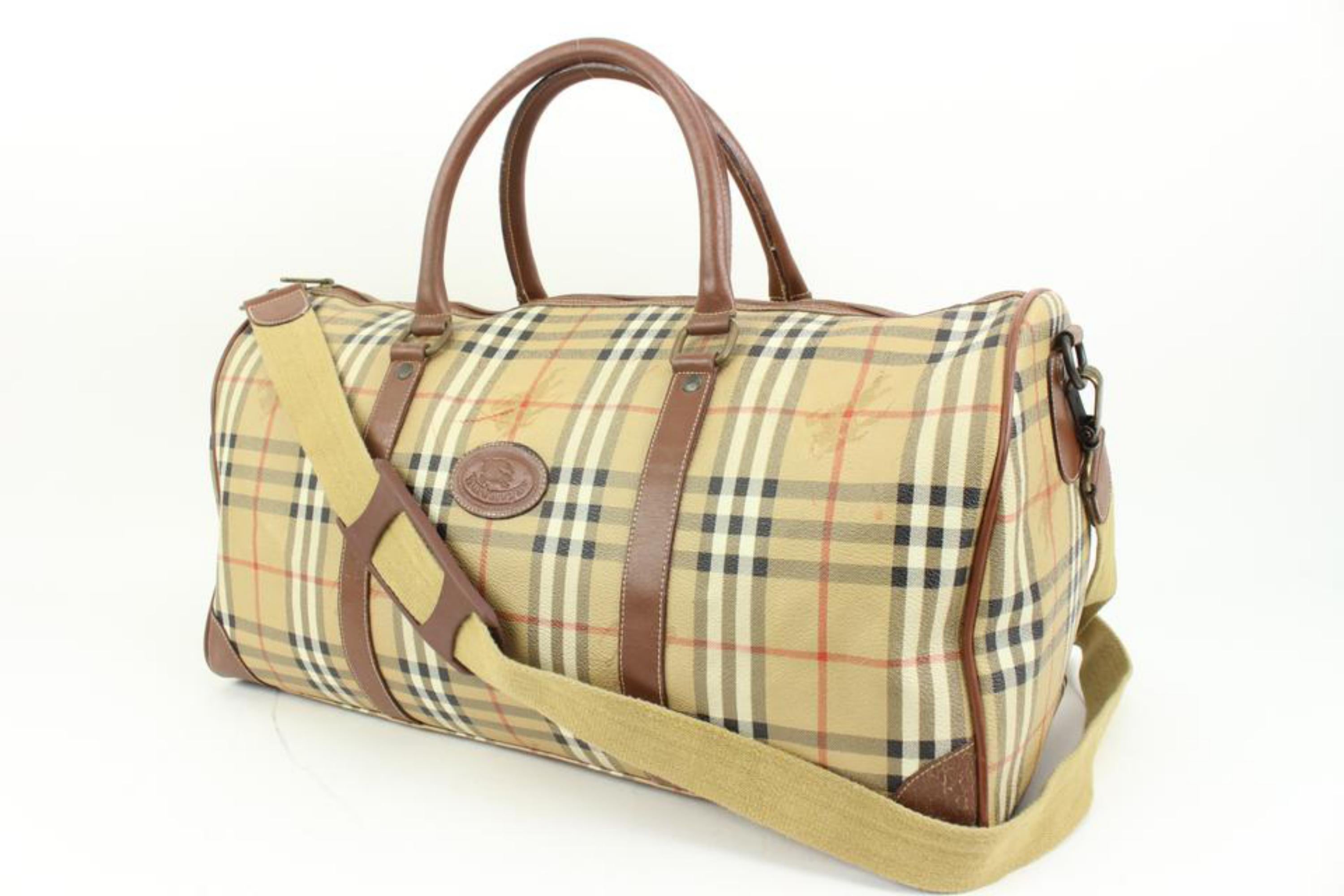 Burberrys Beige Nova Check Boston Duffle Travel Bag with Strap 48b57
Measurements: Length:  20