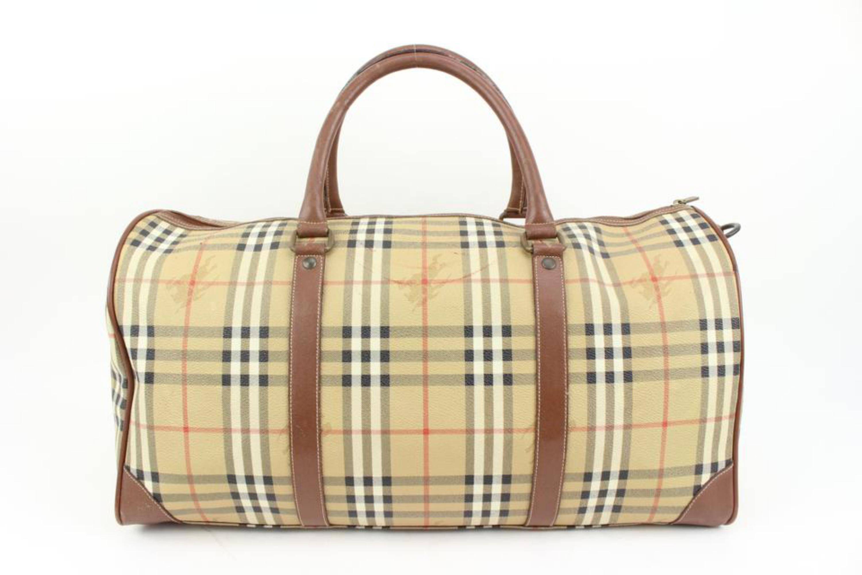 Women's Burberrys Beige Nova Check Boston Duffle Travel Bag with Strap 48b57