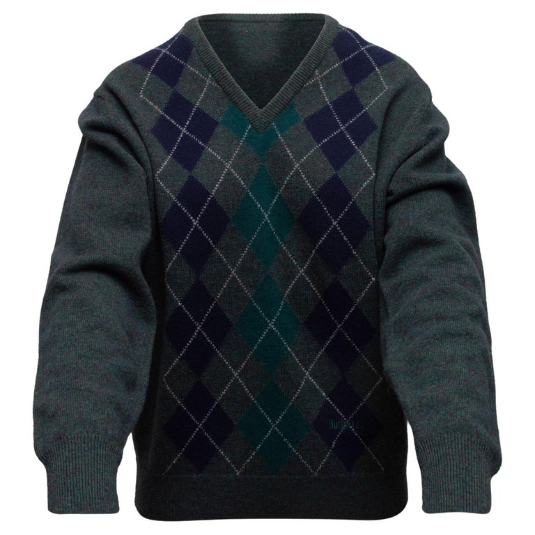 Burberrys Dark Green and Navy Wool Argyle Sweater For Sale at 1stDibs