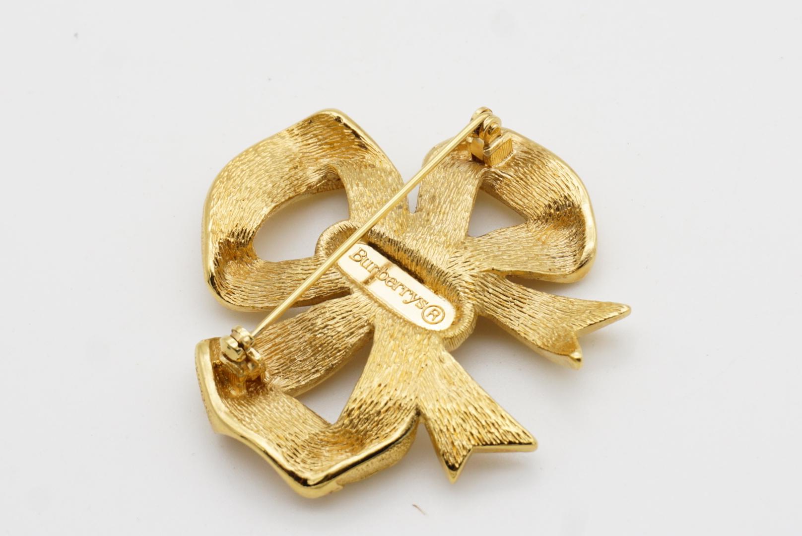 Burberrys London Vintage 1990s Large Bow Ribbon Relief Flower Leaf Gold Brooch For Sale 8
