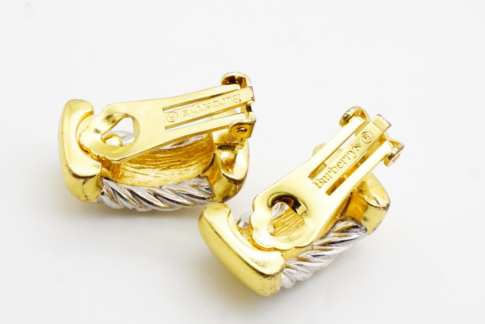 Burberry's Vintage Rectangle Silver Rope Half Hoop Semi Dome Gold Clip Earrings For Sale 5
