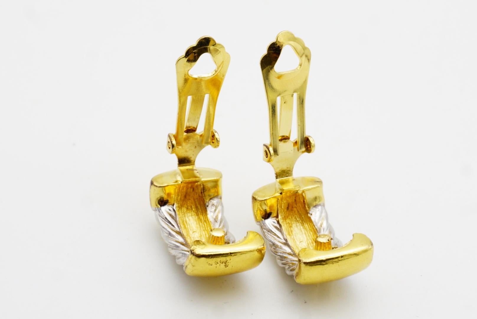 Burberry's Vintage Rectangle Silver Rope Half Hoop Semi Dome Gold Clip Earrings For Sale 6