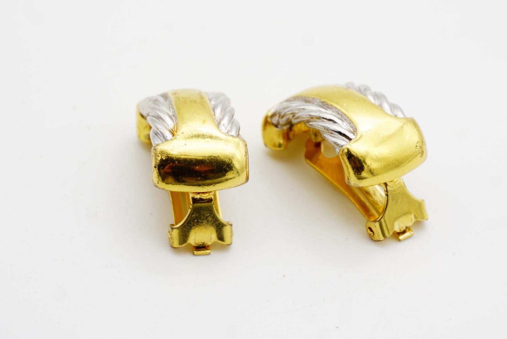 Burberry's Vintage Rectangle Silver Rope Half Hoop Semi Dome Gold Clip Earrings For Sale 7