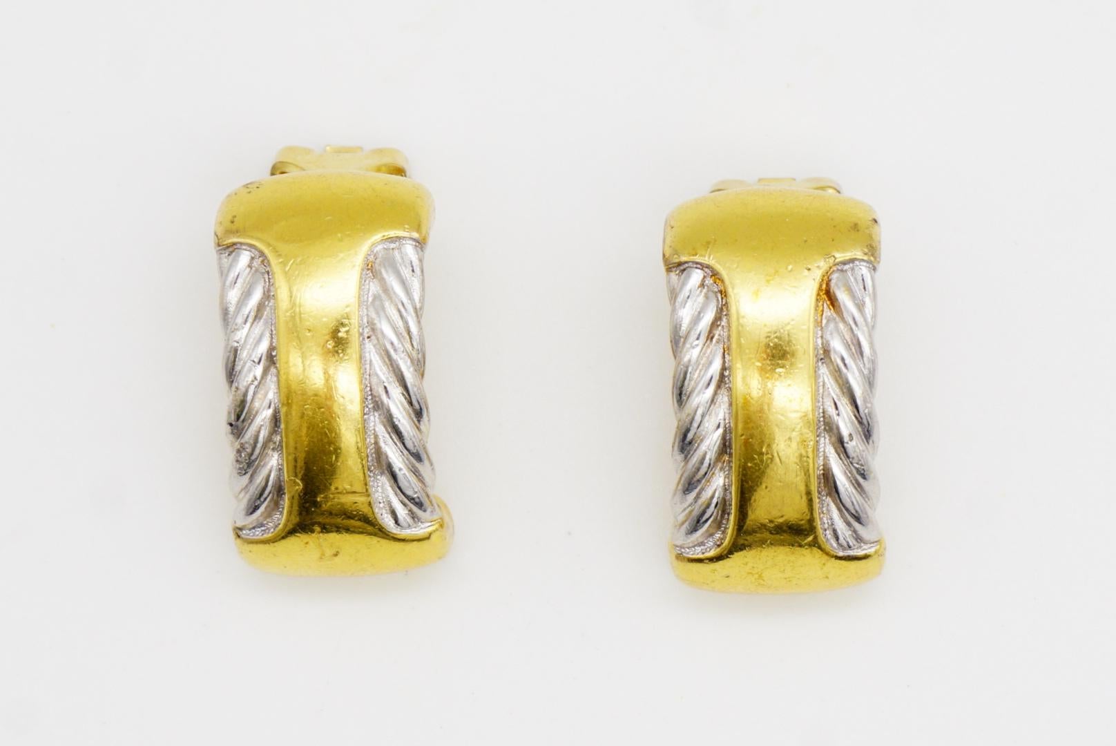 Burberry's Vintage Rectangle Silver Rope Half Hoop Semi Dome Gold Clip Earrings For Sale 8