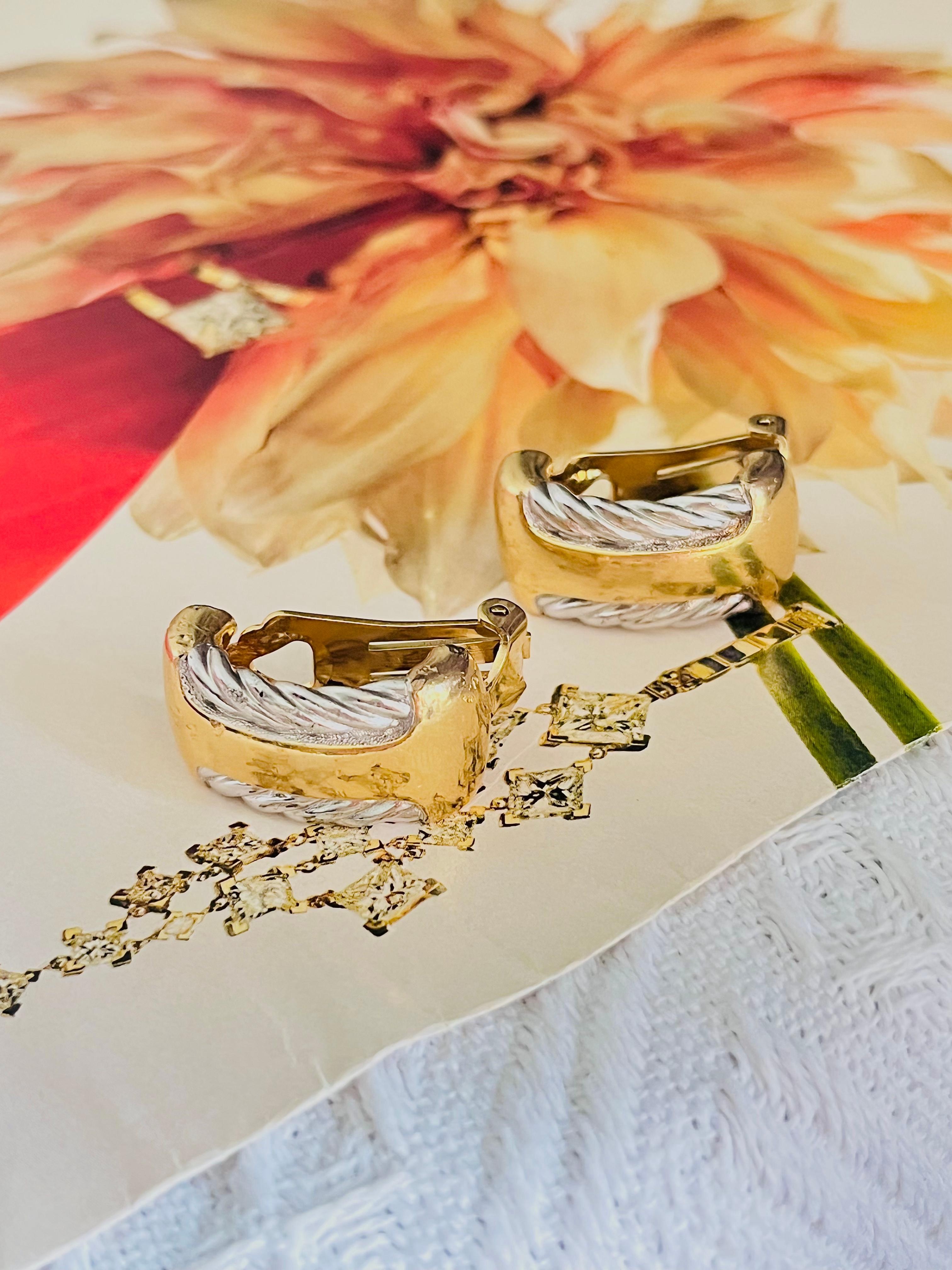 Burberry's Vintage Rectangle Silver Rope Half Hoop Semi Dome Gold Clip Earrings In Good Condition For Sale In Wokingham, England