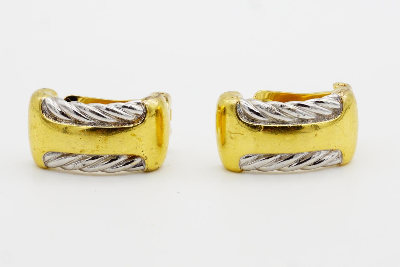 Burberry's Vintage Rectangle Silver Rope Half Hoop Semi Dome Gold Clip Earrings For Sale 2