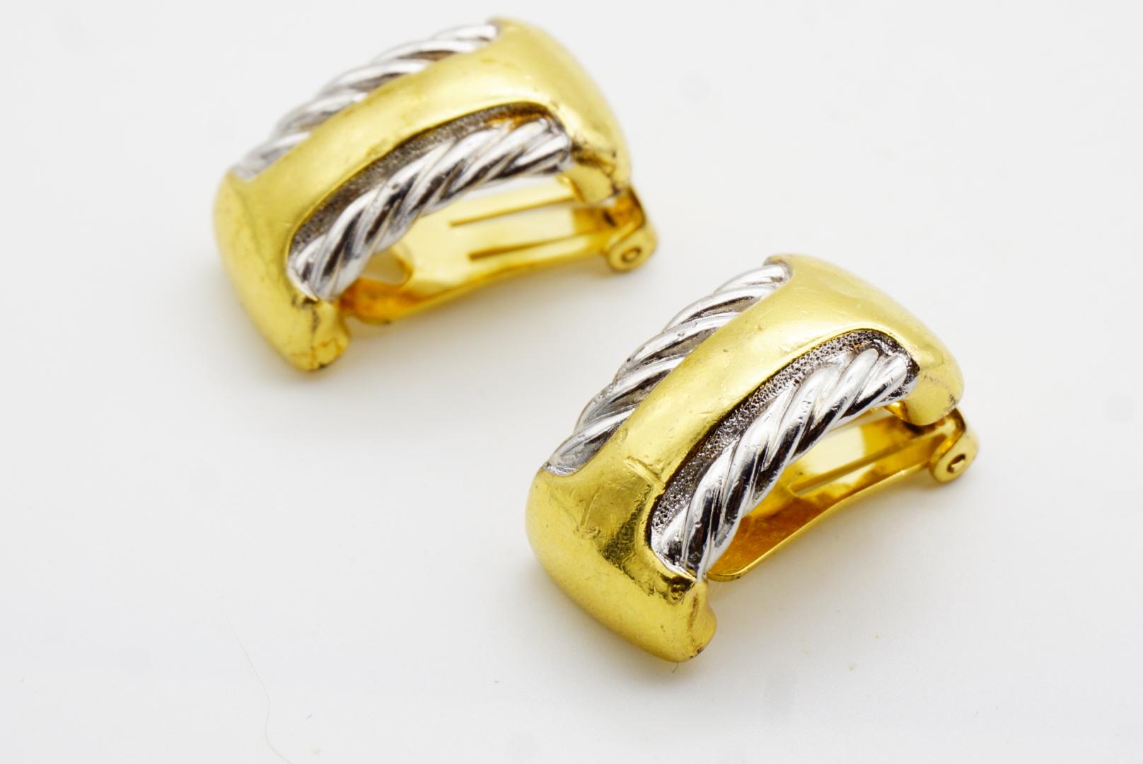 Burberry's Vintage Rectangle Silver Rope Half Hoop Semi Dome Gold Clip Earrings For Sale 3