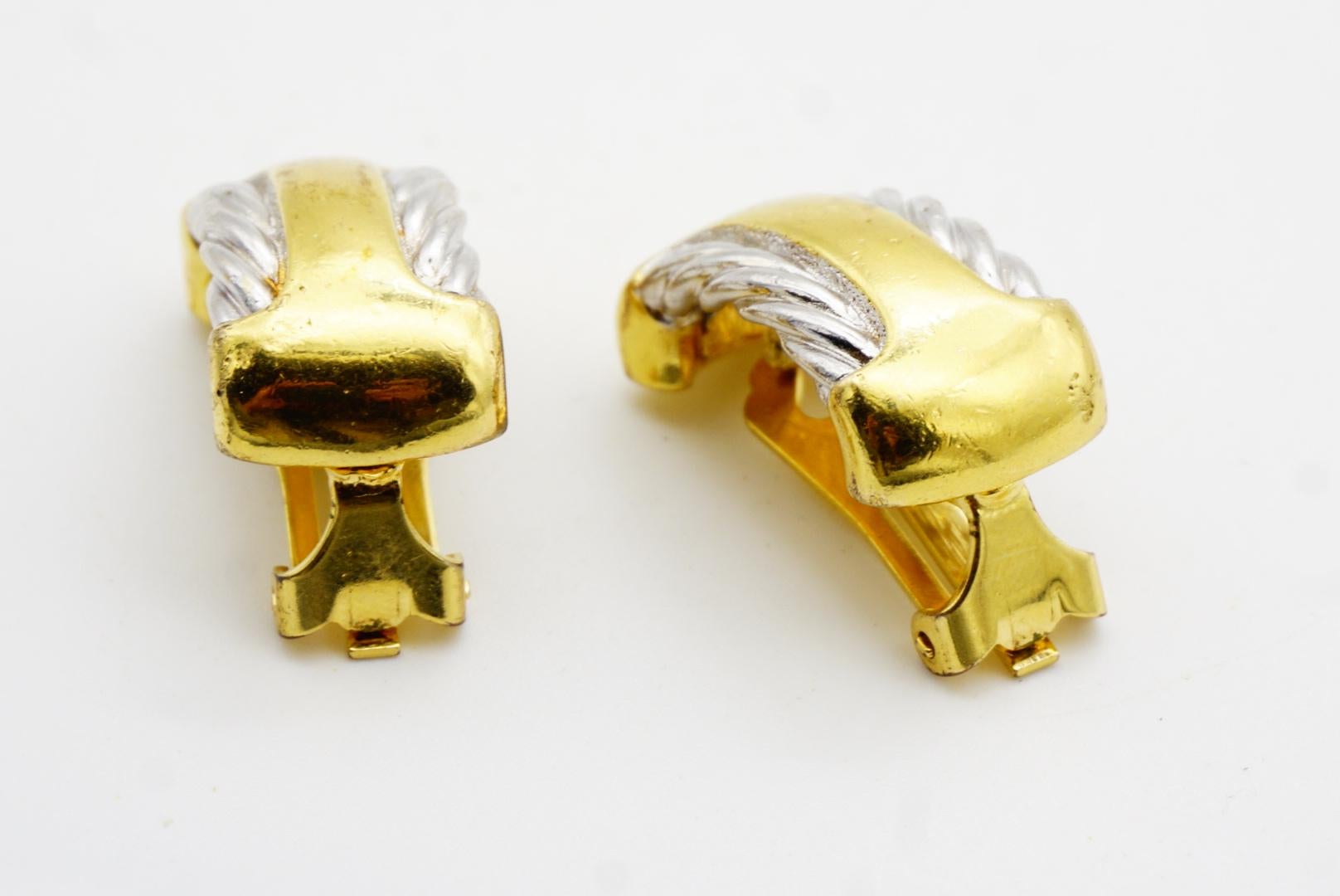 Burberry's Vintage Rectangle Silver Rope Half Hoop Semi Dome Gold Clip Earrings For Sale 4