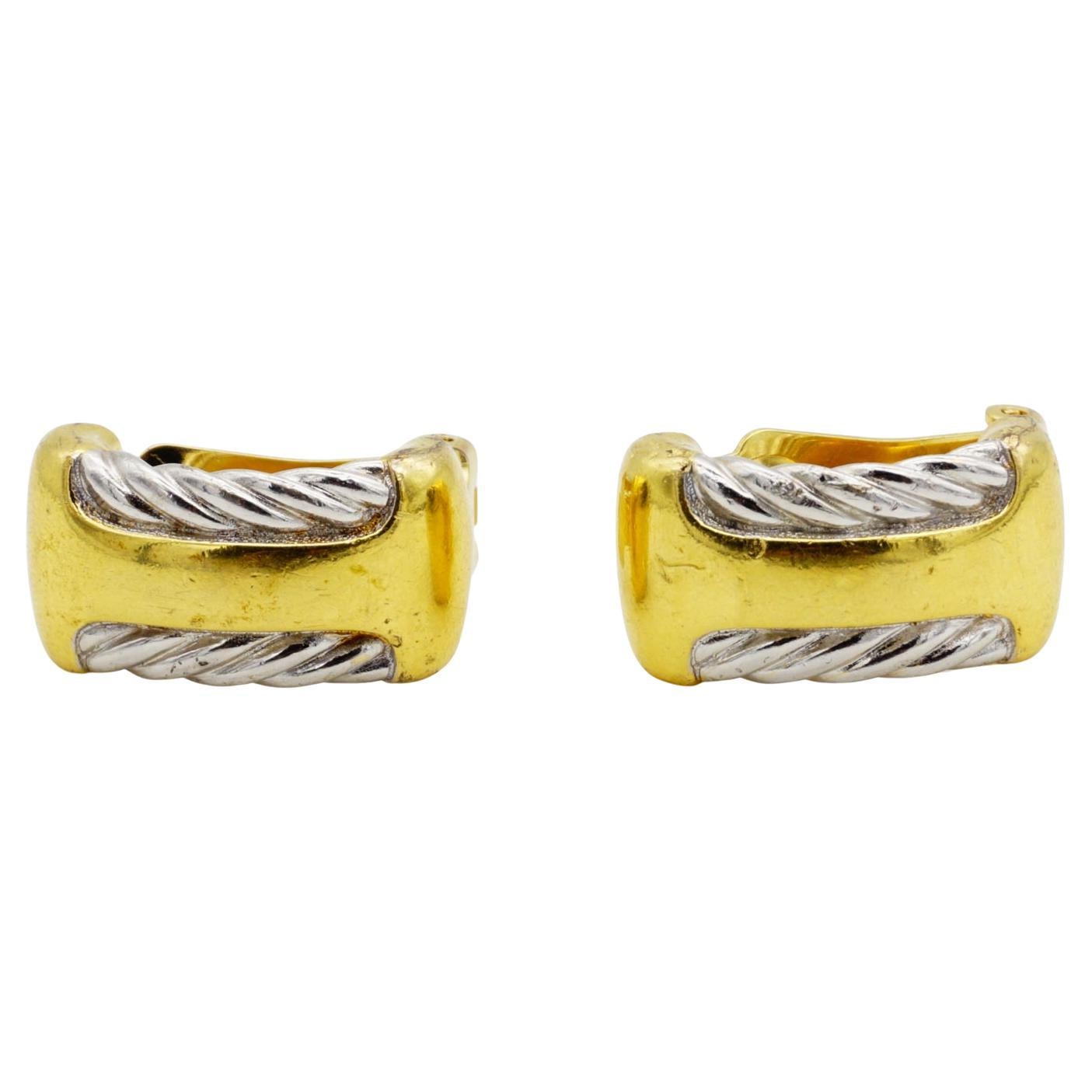 Burberry's Vintage Rectangle Silver Rope Half Hoop Semi Dome Gold Clip Earrings For Sale