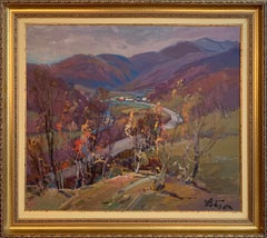 Sunset Mountains Landscape Vintage Oil Canvas Framed Autumn Painting by Burch V.