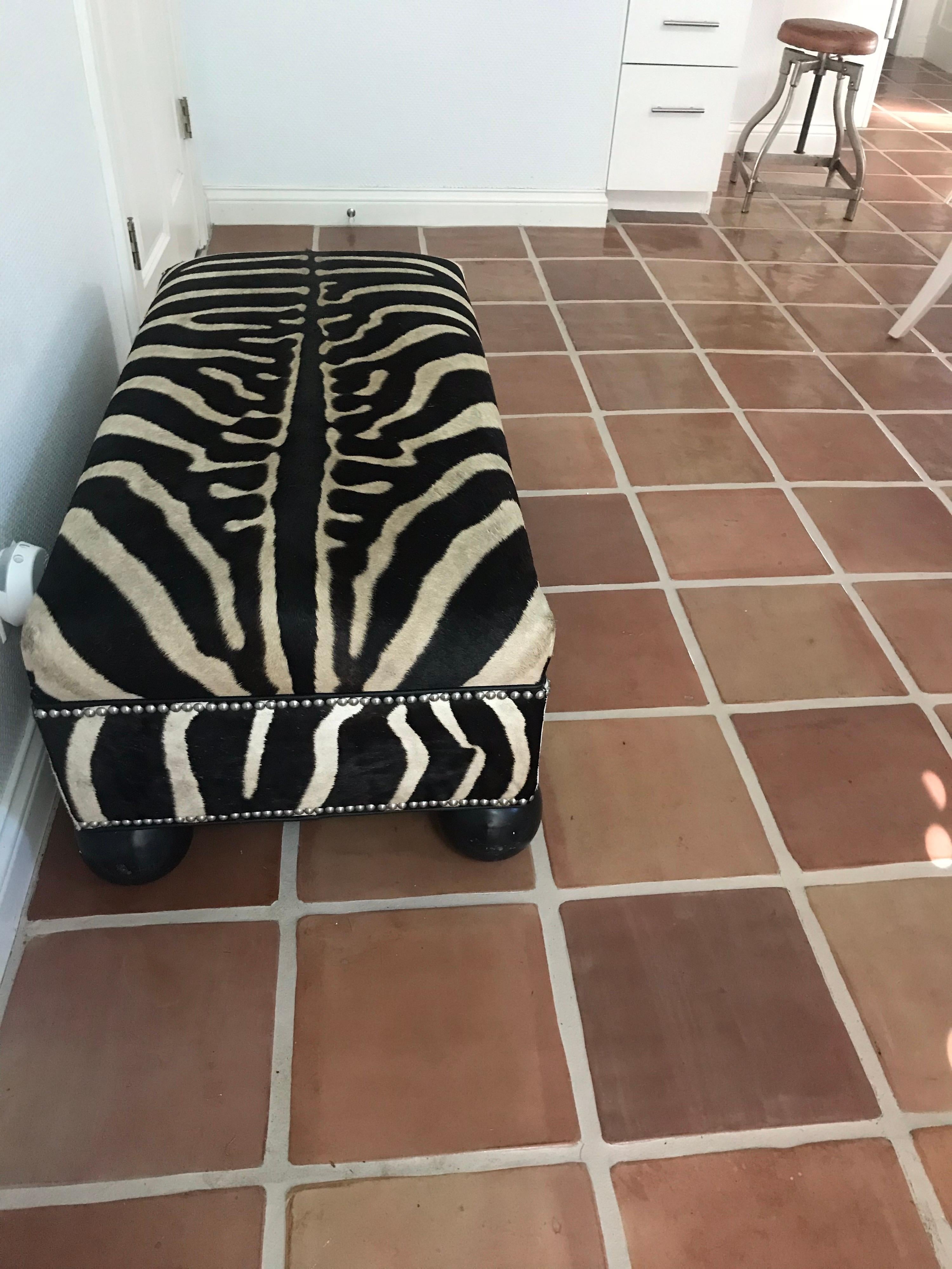 This is a authentic burchell zebra skin made into
A bench/ottoman from Africa 
it has bun black wood feet and silver tacks around the piece. It’s in excellent condition.