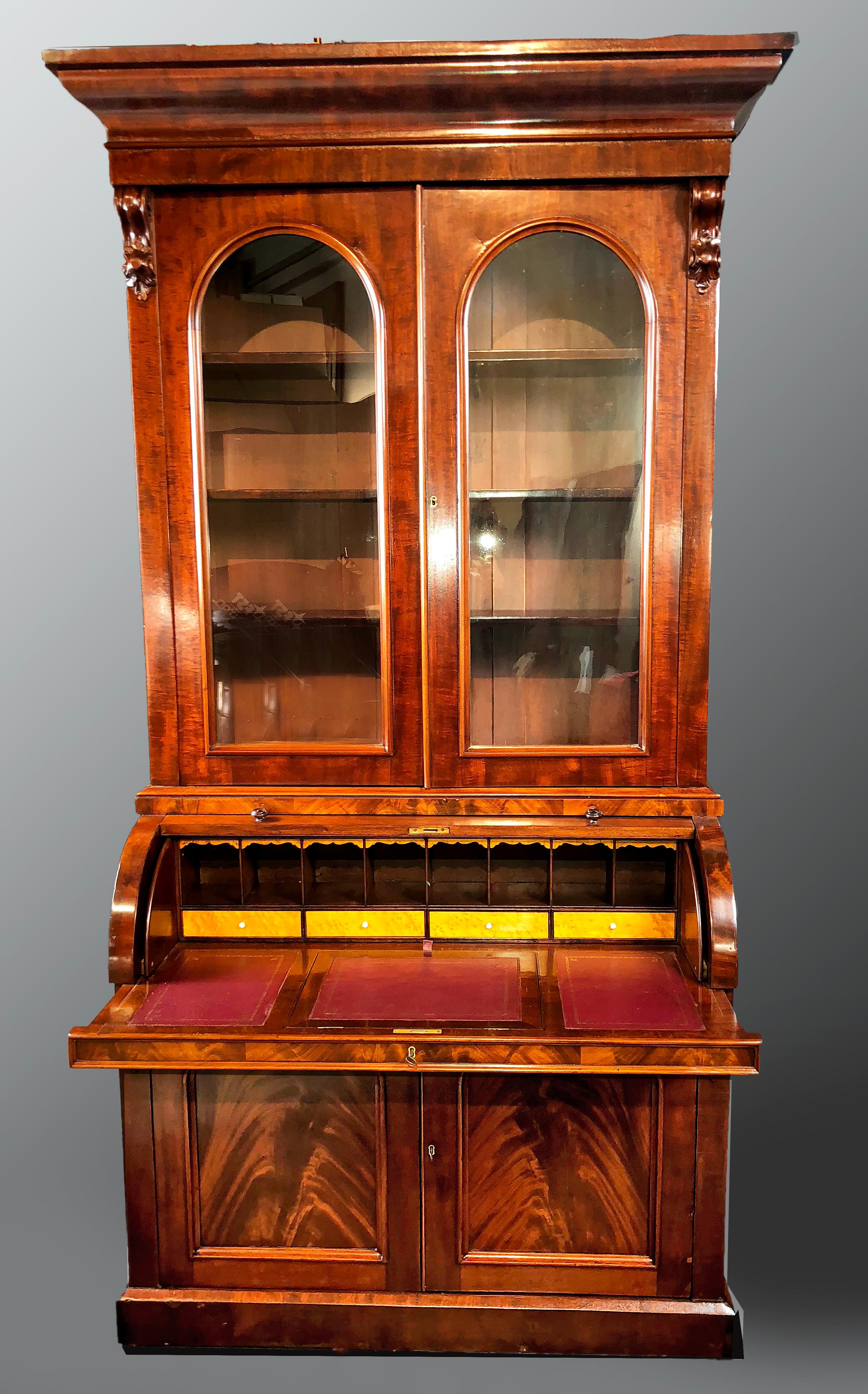 English Victorian Bureau Bookcase Mid-Size 19th Century Cylinder Top Secretaire For Sale