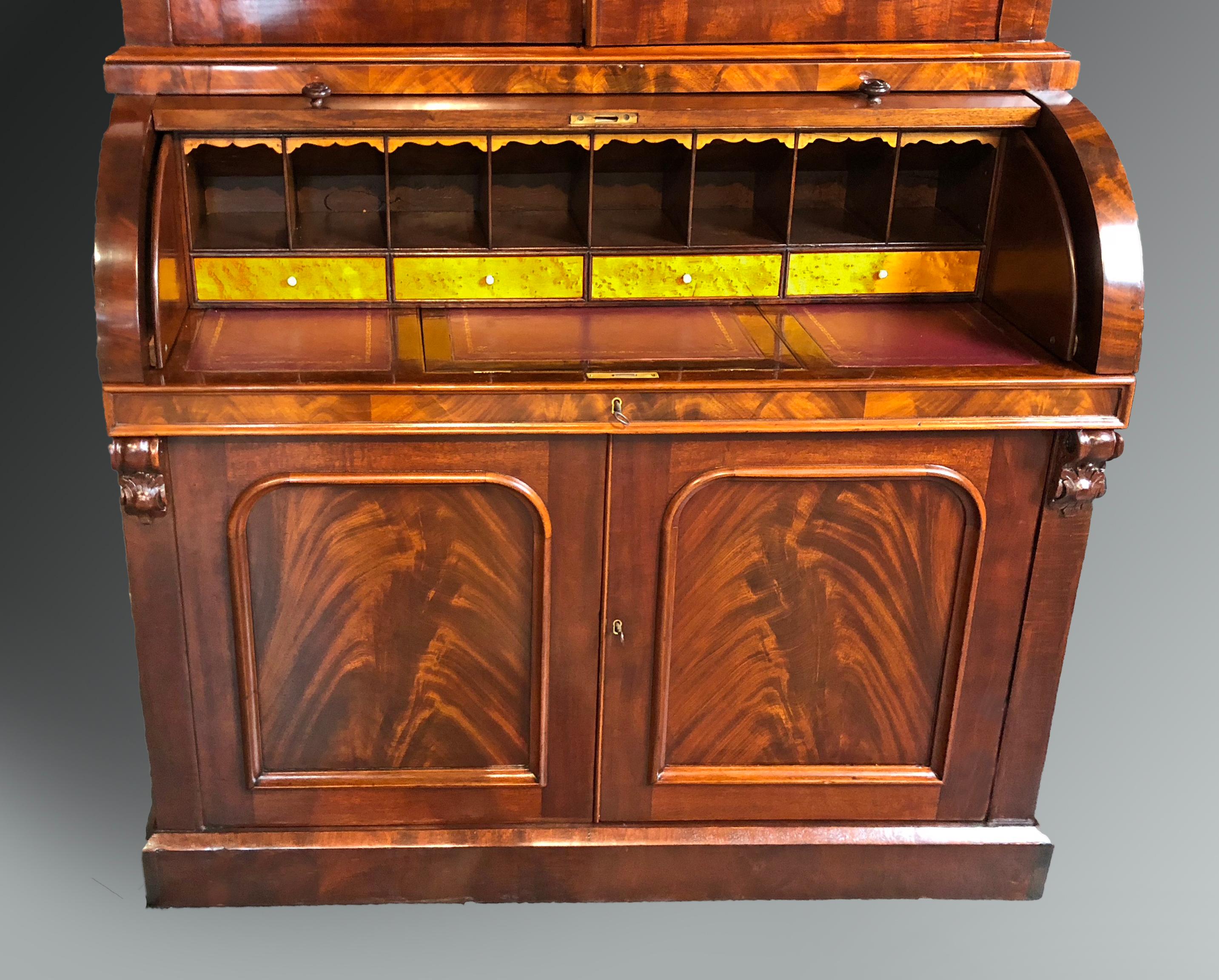 Mahogany Victorian Bureau Bookcase Mid-Size 19th Century Cylinder Top Secretaire For Sale