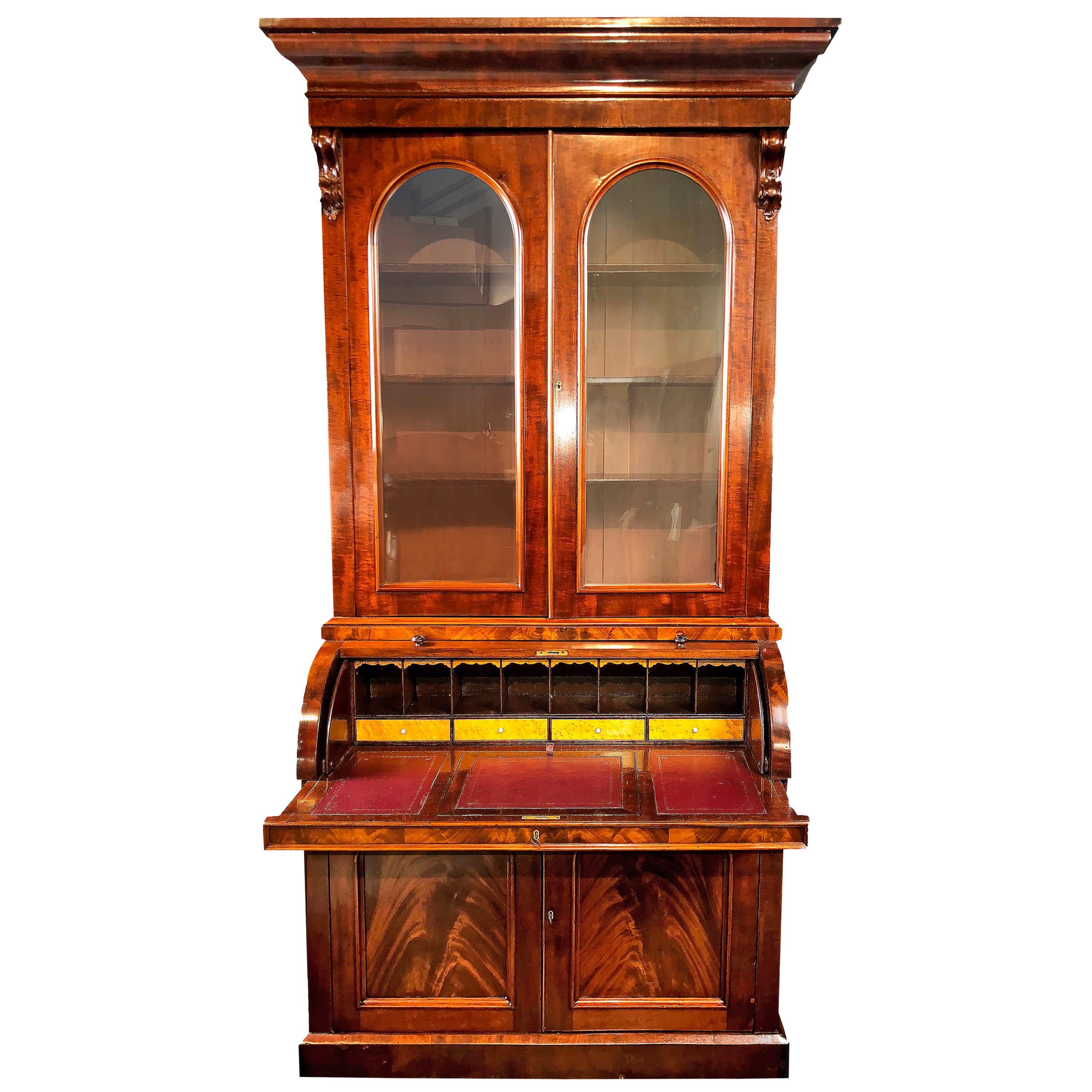 Victorian Bureau Bookcase Mid-Size 19th Century Cylinder Top Secretaire For Sale