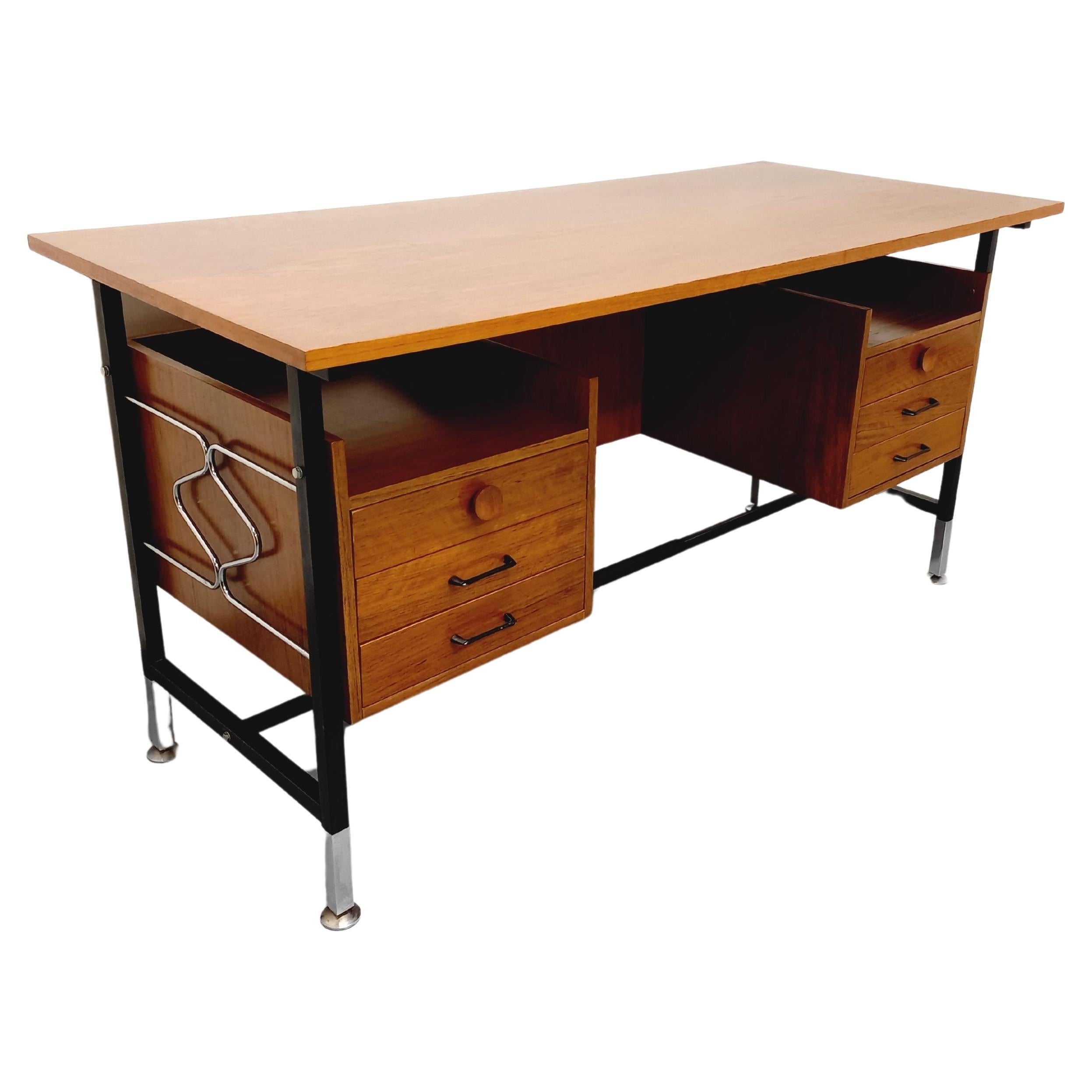 Bureau de direction vintage moderniste en palissandre et métal des années 60