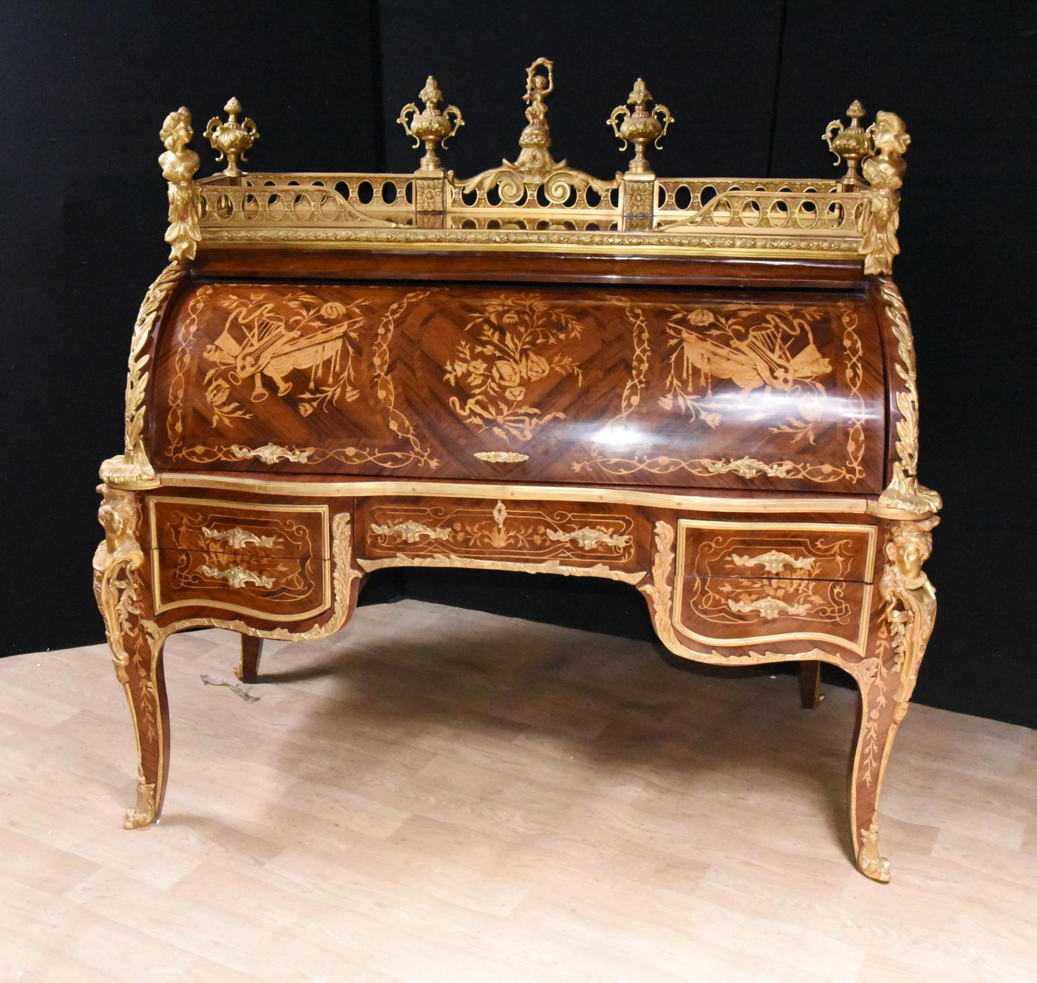 Kingwood Bureau De Roi, French Roll Top Desk Louis XV Monumental For Sale