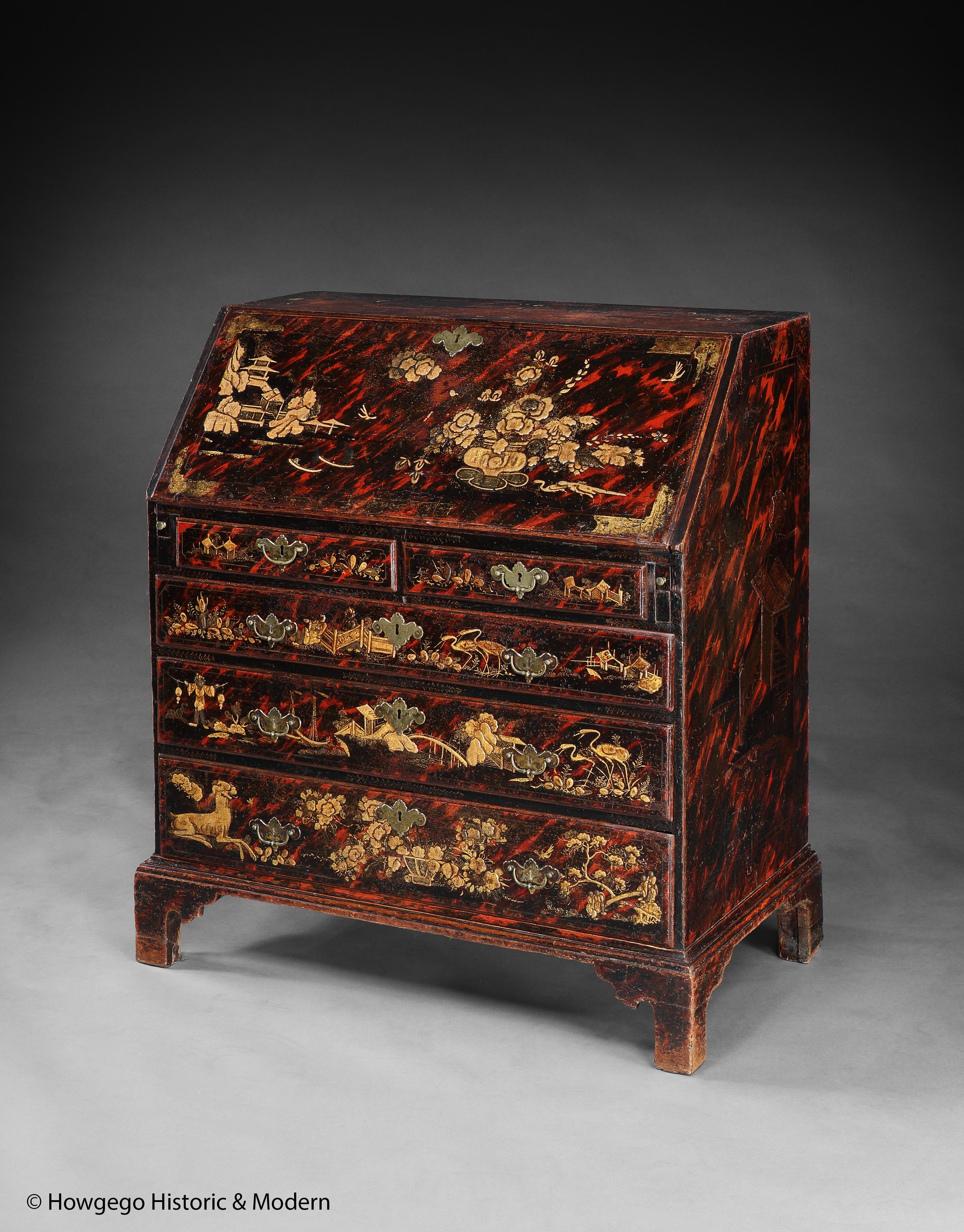 A rare, late-17th century / early-18th century, fall front bureau with gilded Chinoiserie Japanning & faux tortoishell ground.

“Before Japan was made in England, the imitation of tortoise-shell was much in request for cabinets, tables and the
