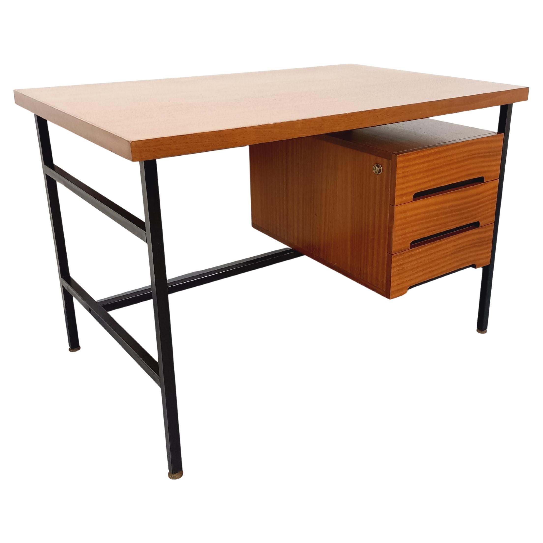 Bureau double-face moderniste vintage en acajou et métal noir des années 60