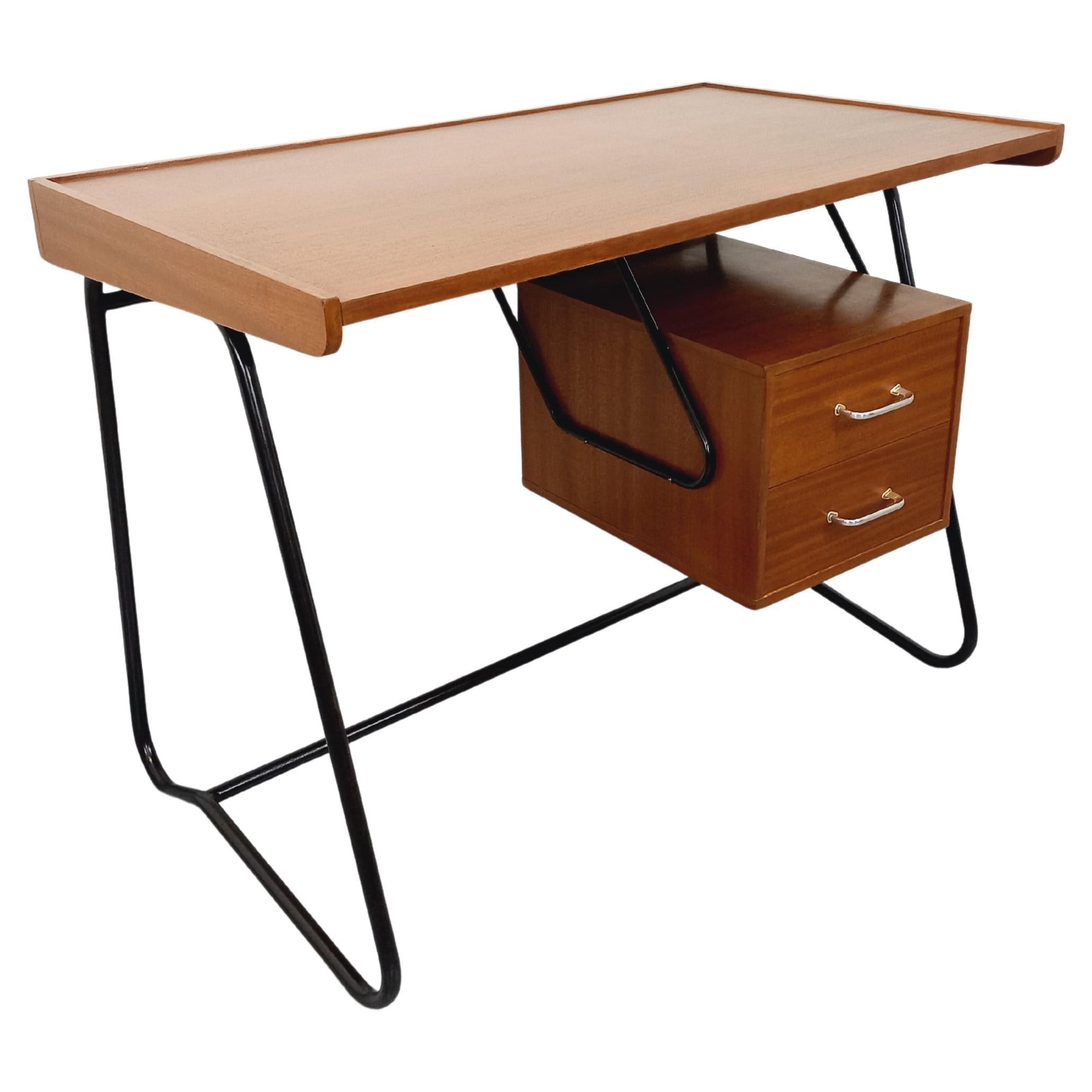 Bureau double-face moderniste vintage en bois d'acajou style teck et métal noir en vente