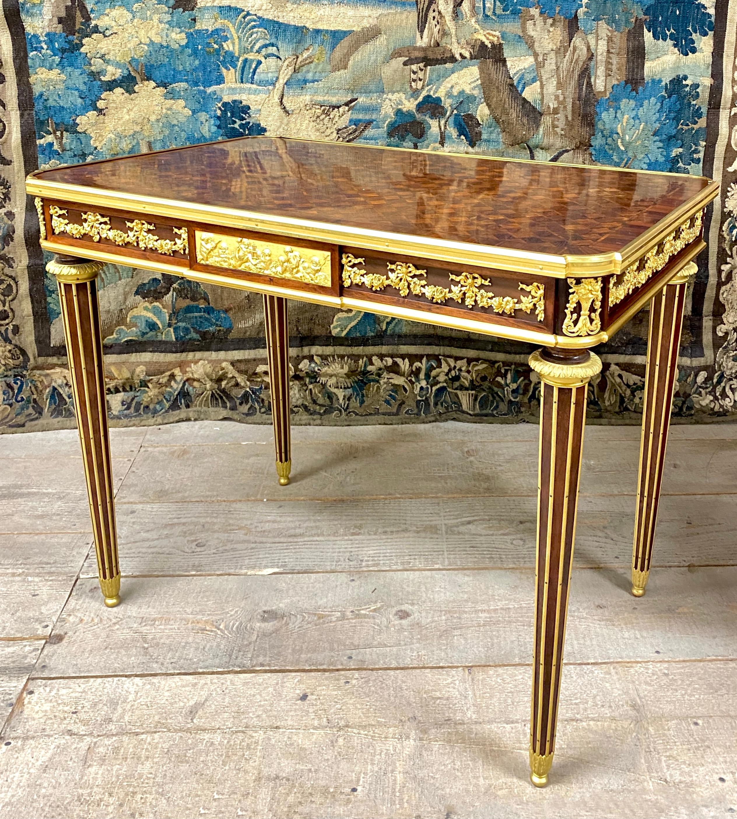 French Small Desk In Marquetry And Gilt Bronze After A Model By Riesener, Napoleon II