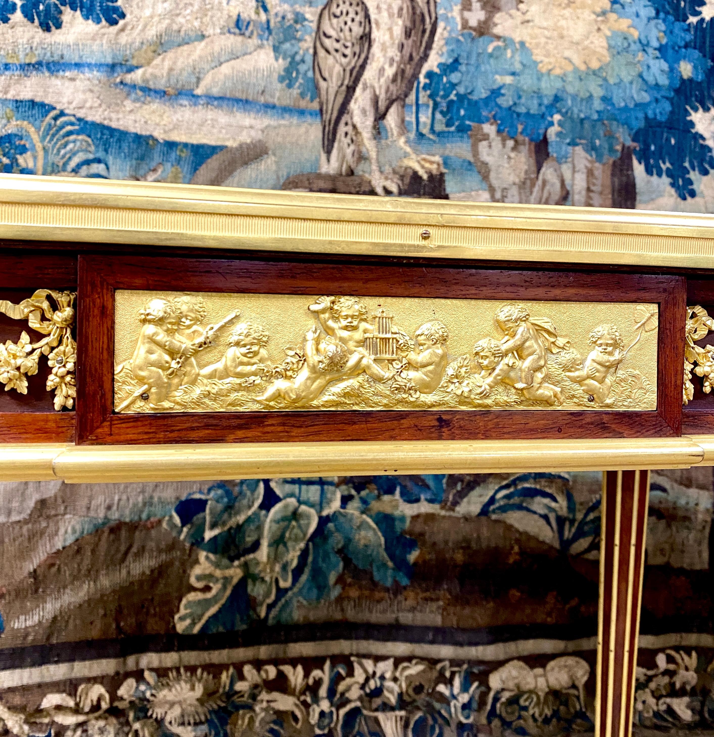 19th Century Small Desk In Marquetry And Gilt Bronze After A Model By Riesener, Napoleon II