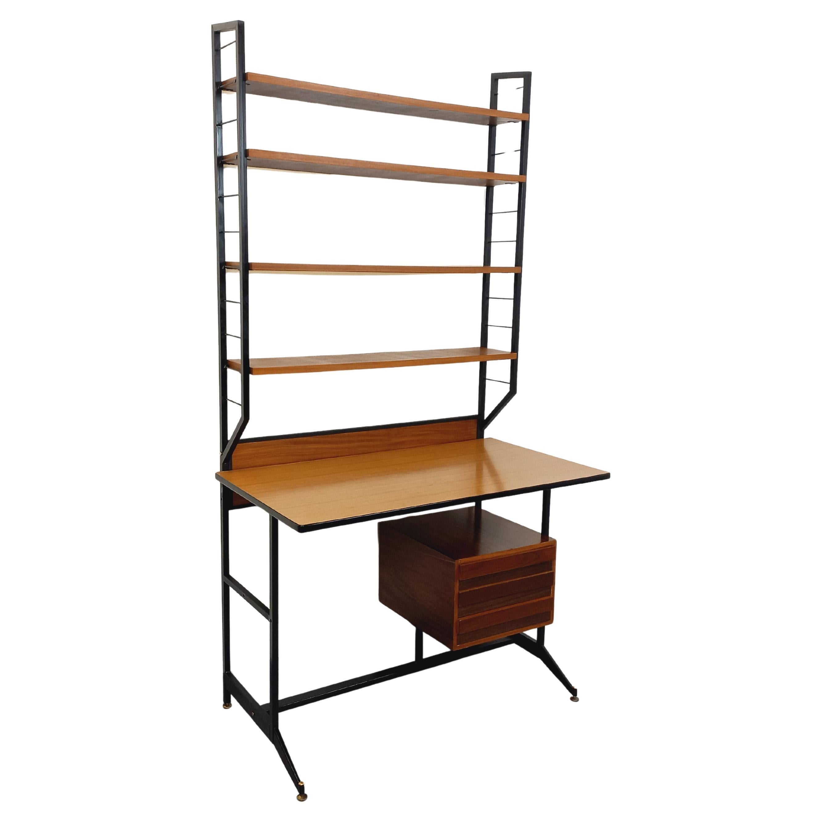 Bureau italien moderniste avec bibliothèque étagère string modulable teck métal