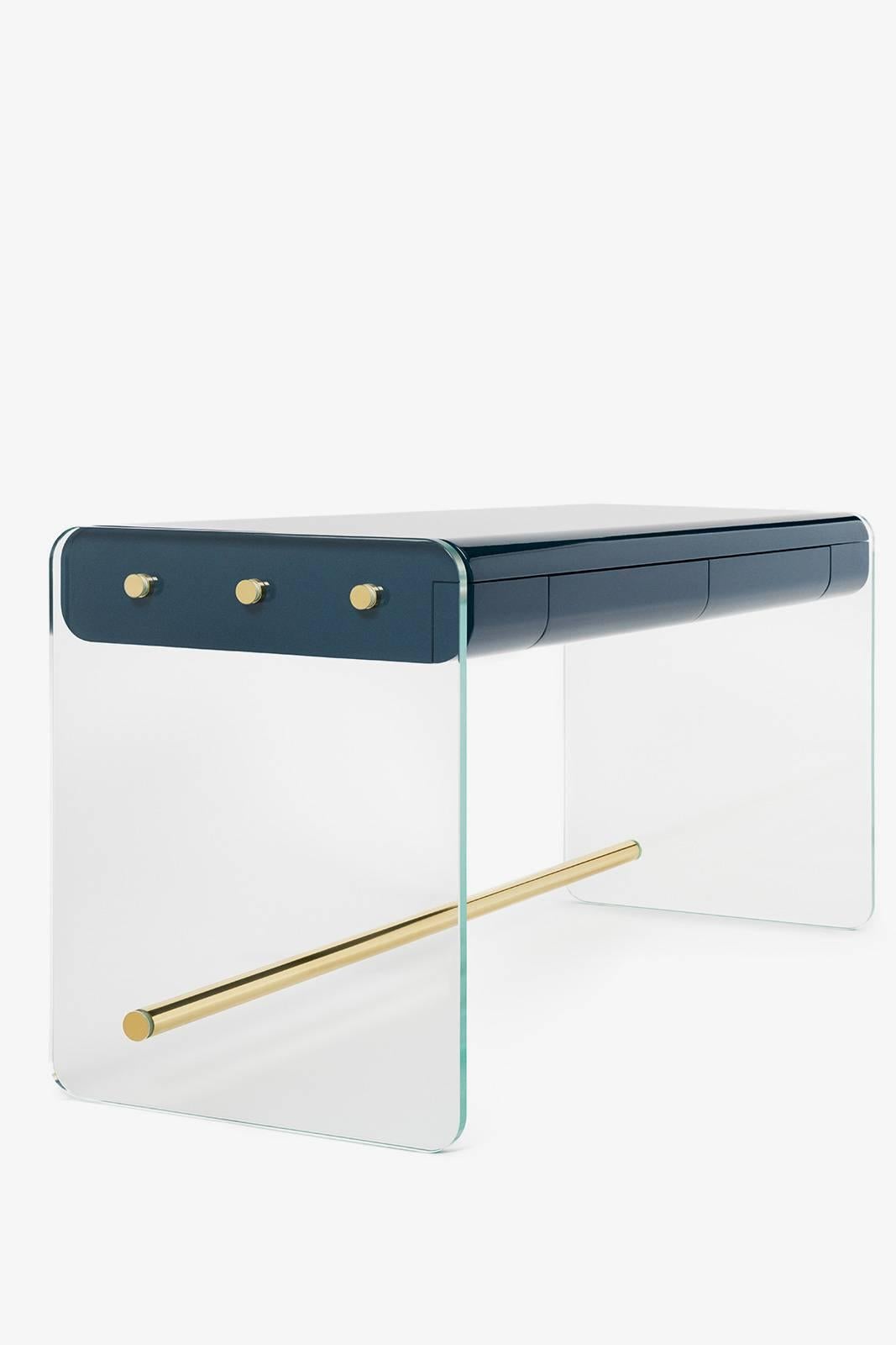 Elegant contemporary Bureau Marcello

Materials: gloss lacquer, glass, brass - velvet and ebony drawers

Designed by Joris Poggioli for Youth Editions.