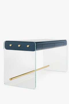 Bureau Marcello in Glass, Gloss Lacquer and Brass, with Velvet and Ebony Drawers