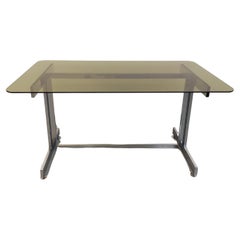 Bureau ou table à manger vintage en verre fumé et métal chromé des années 70