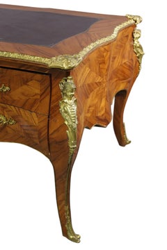 Bureau Plat Desk, French, Large, Burl Wood Veneer, Leather Top, Bronze Mount!