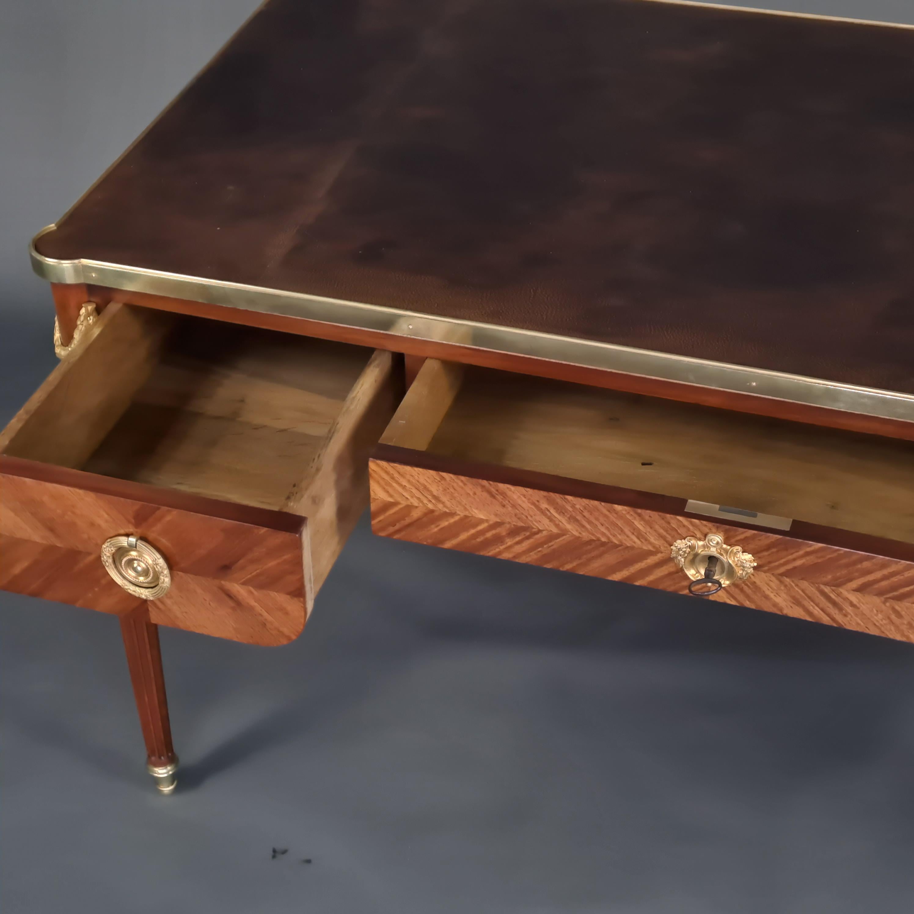 Bureau Plat Louis XVI Style in Marquetry and Gilt Bronze For Sale 7