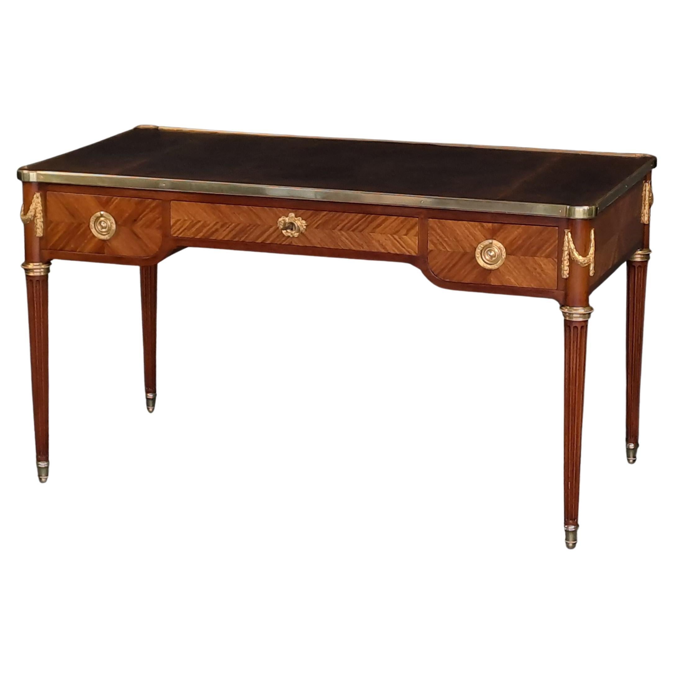 Bureau Plat Louis XVI Style in Marquetry and Gilt Bronze For Sale