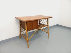 Bureau vintage de Louis Sognot en rotin et bois des années 60